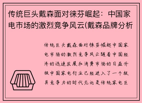 传统巨头戴森面对徕芬崛起：中国家电市场的激烈竞争风云(戴森品牌分析)