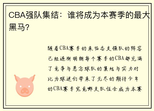CBA强队集结：谁将成为本赛季的最大黑马？