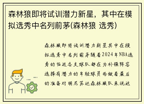 森林狼即将试训潜力新星，其中在模拟选秀中名列前茅(森林狼 选秀)