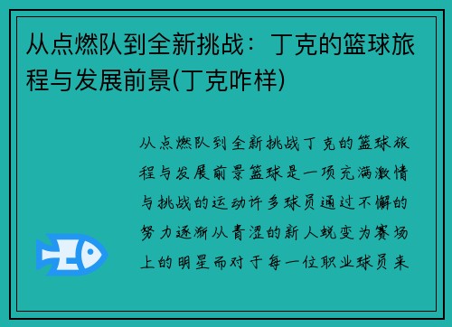 从点燃队到全新挑战：丁克的篮球旅程与发展前景(丁克咋样)
