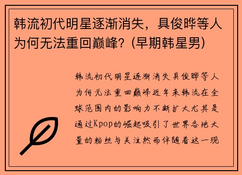 韩流初代明星逐渐消失，具俊晔等人为何无法重回巅峰？(早期韩星男)