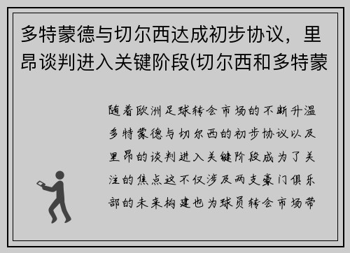 多特蒙德与切尔西达成初步协议，里昂谈判进入关键阶段(切尔西和多特蒙德交锋)
